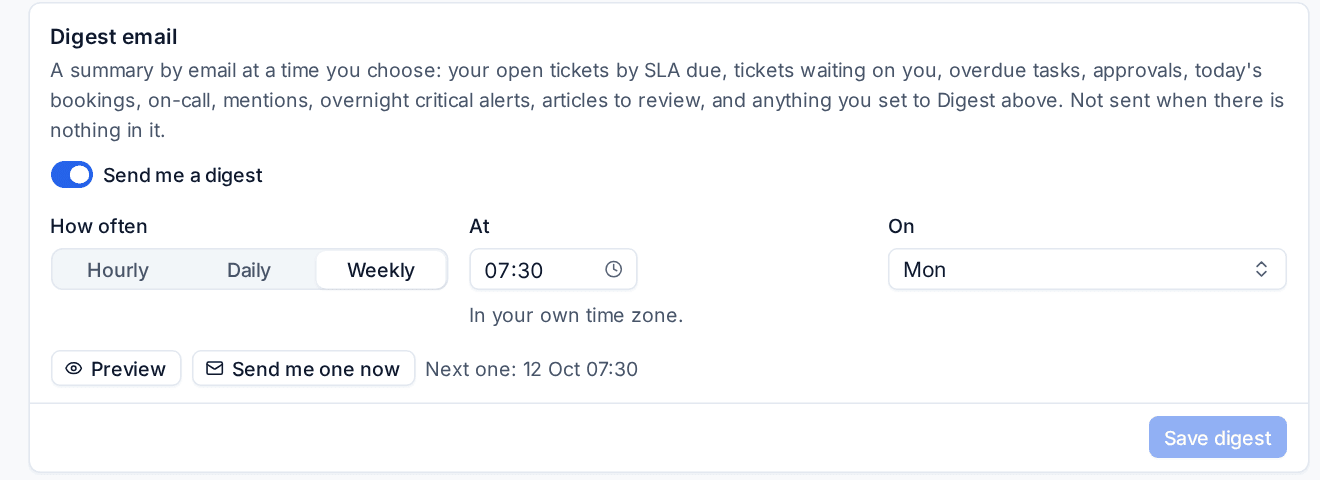 Digest email: how often, at what time and on which day, with Preview and Send me one now