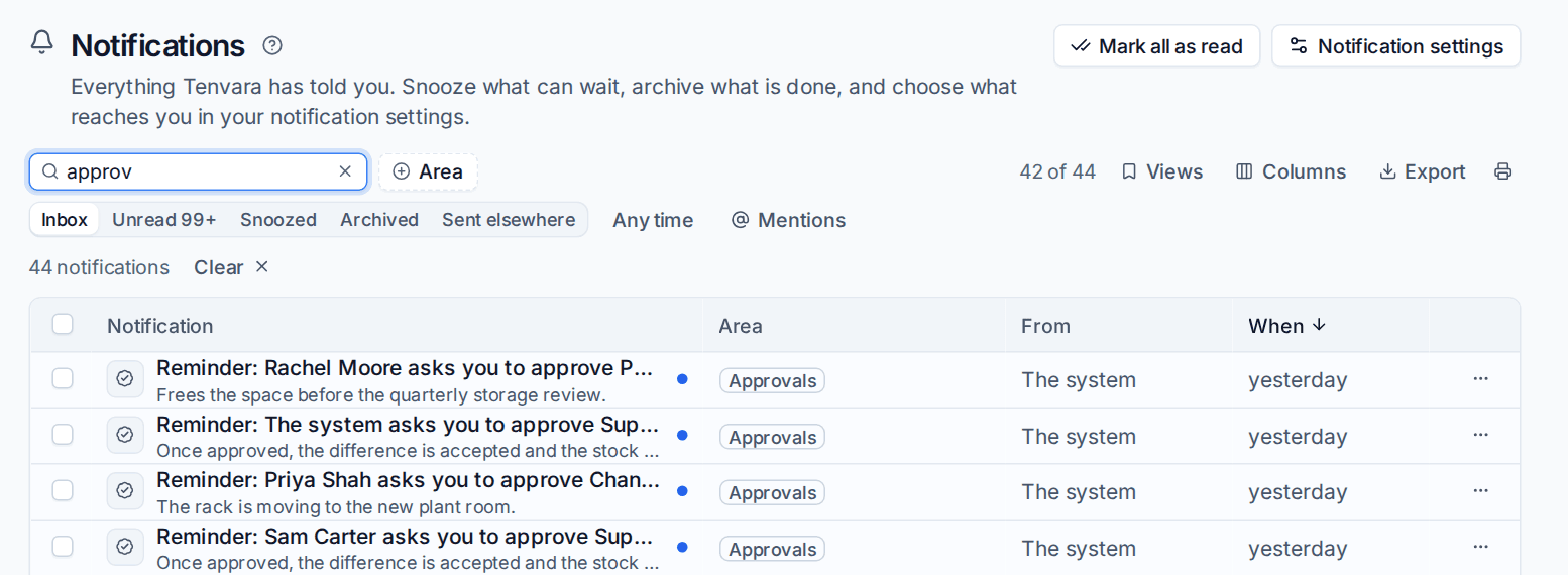 The notifications page searched for approvals