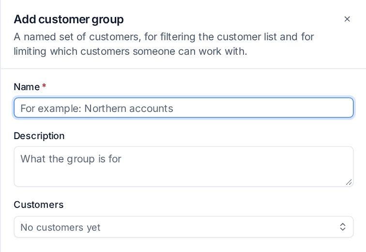 The Add customer group dialog with name, description and customers