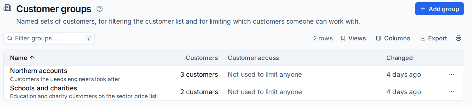 Customer groups with how many customers each holds and whether anyone is limited to it