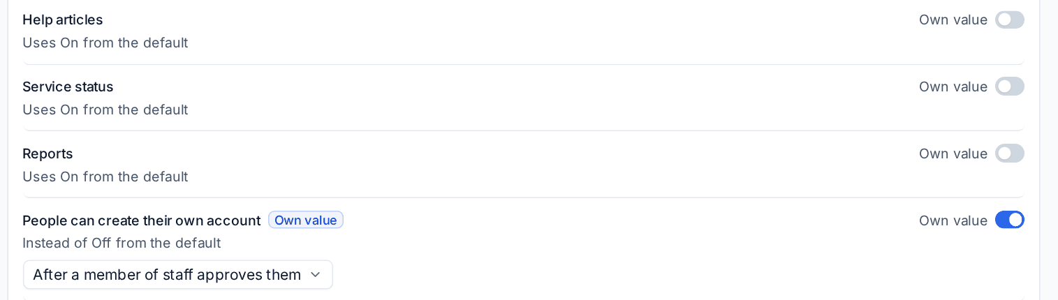 A customer's Settings tab, with one setting given its own value