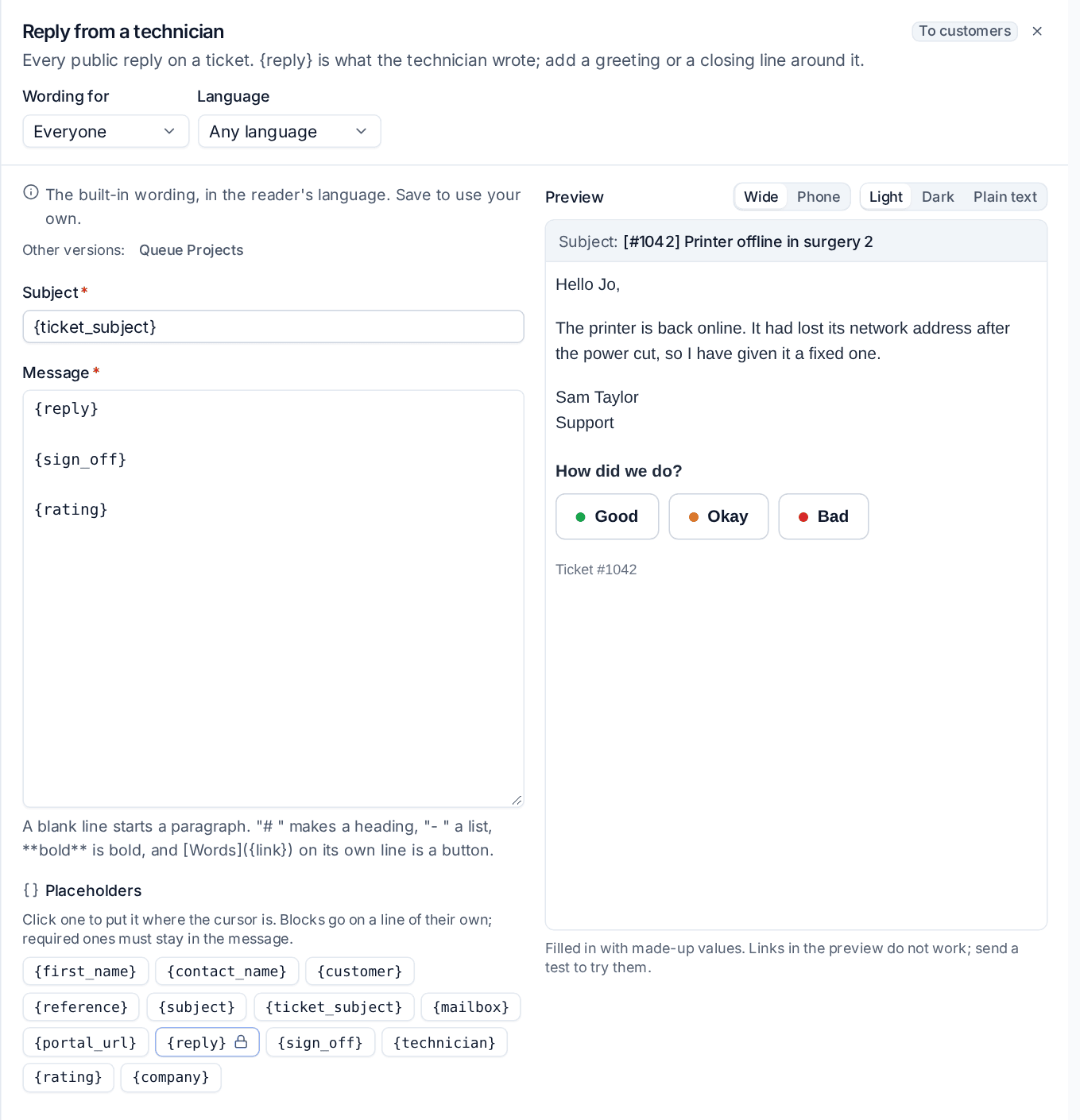 Editing the technician reply email, with placeholders and a live preview