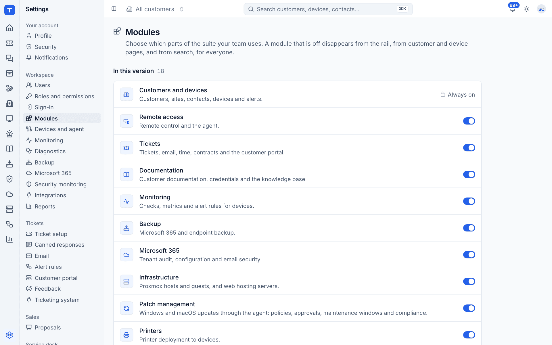 The Modules page with a switch for each part of Tenvara