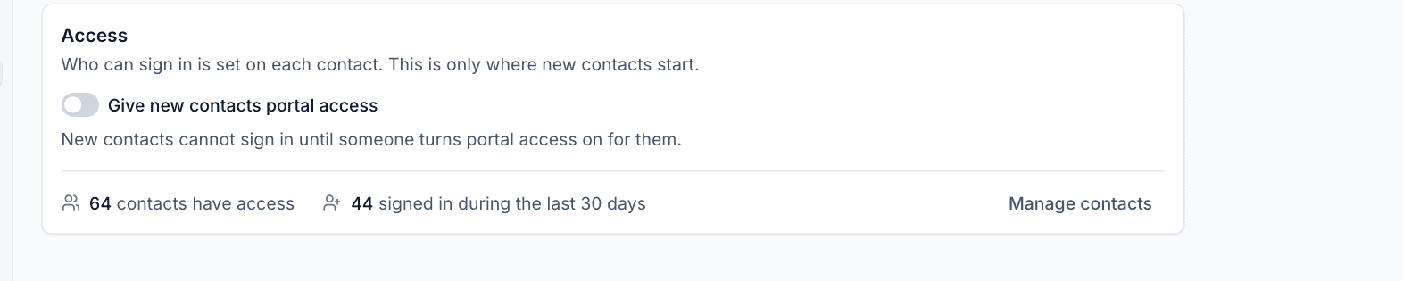 Access settings for new contacts, with how many contacts have access