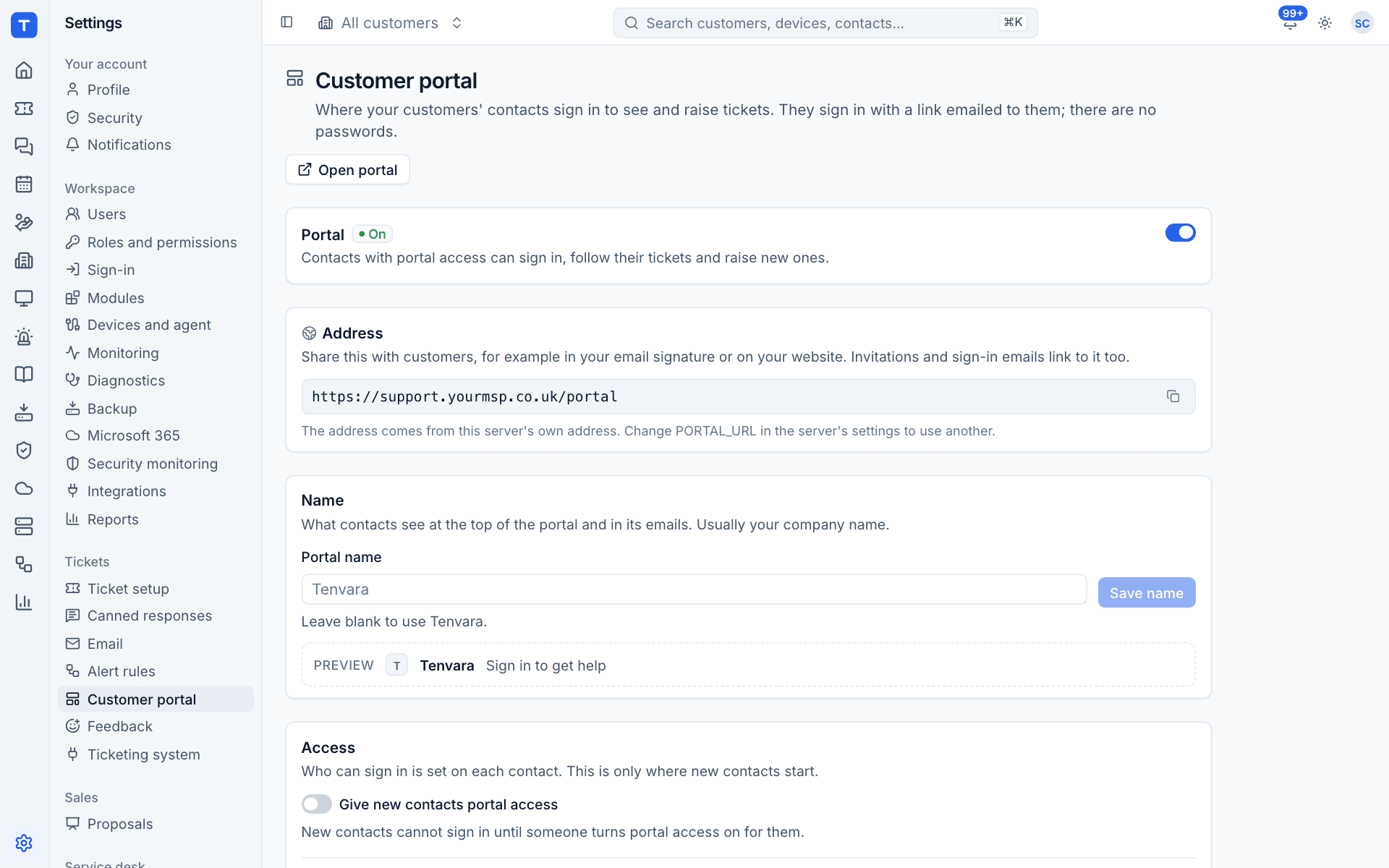 Customer portal settings: on or off, address, name and access