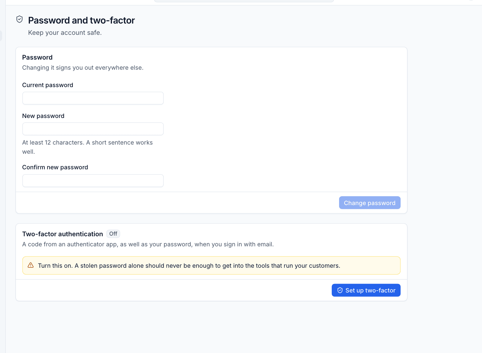 Your password and two-factor settings