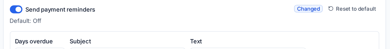 A setting marked Changed, with Reset to default and the default value shown underneath