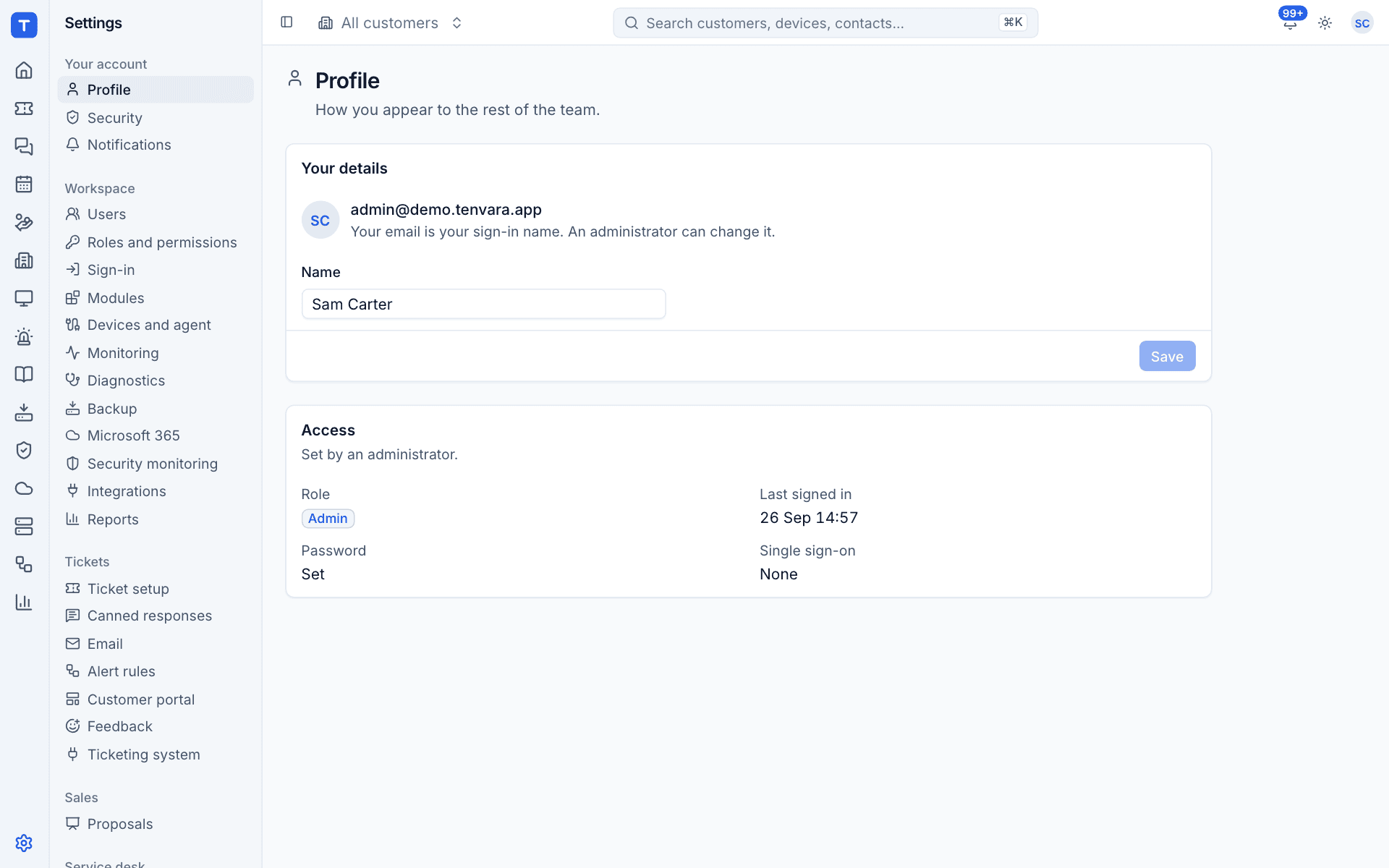 Settings with its sidebar grouped into Your account, Workspace, Tickets, Sales and Service desk