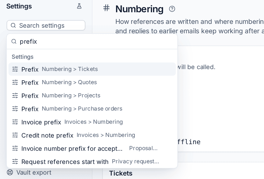 Searching Settings for "prefix", with matches on Numbering, Invoices, Proposals and Privacy requests