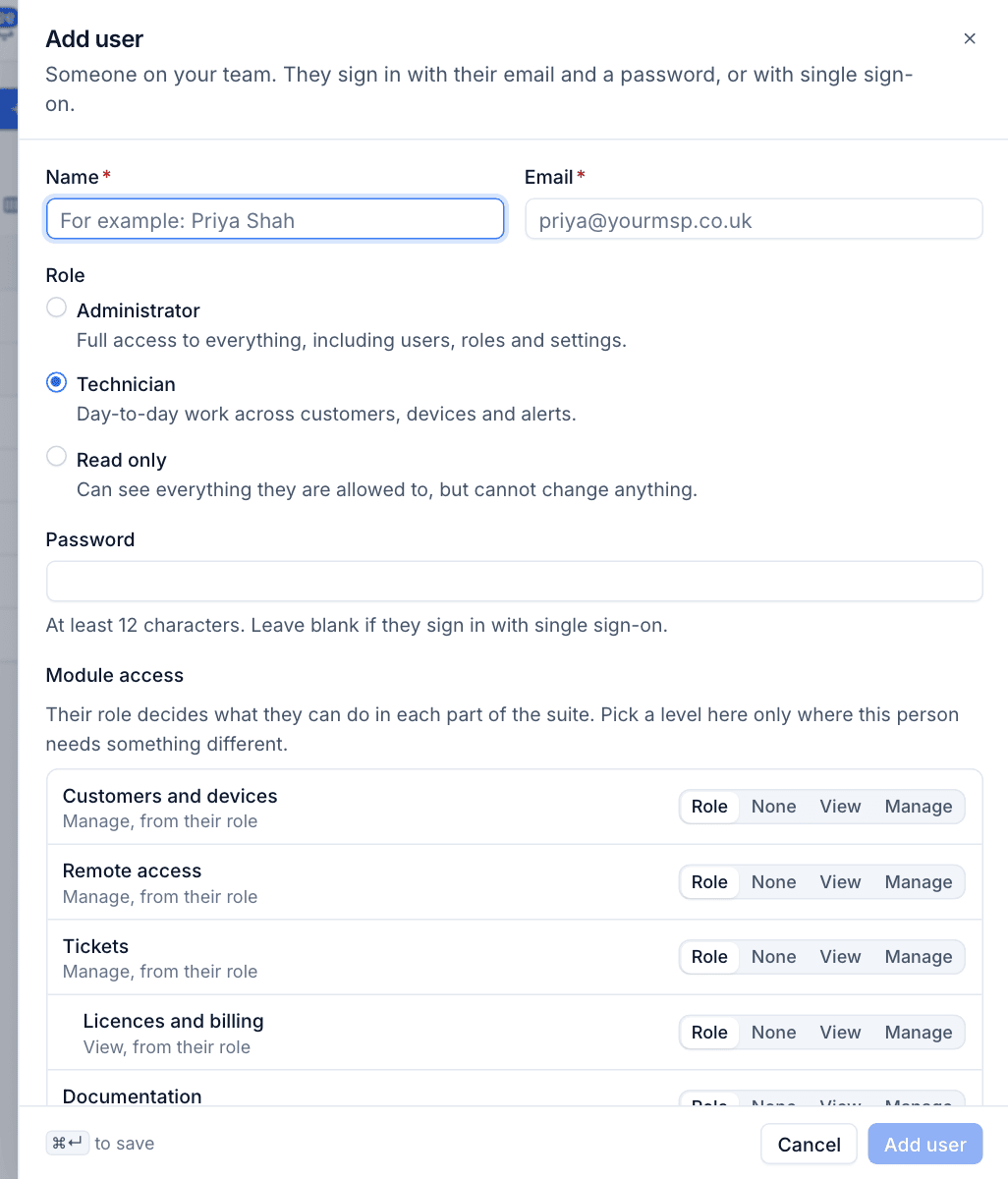 The Add user dialog