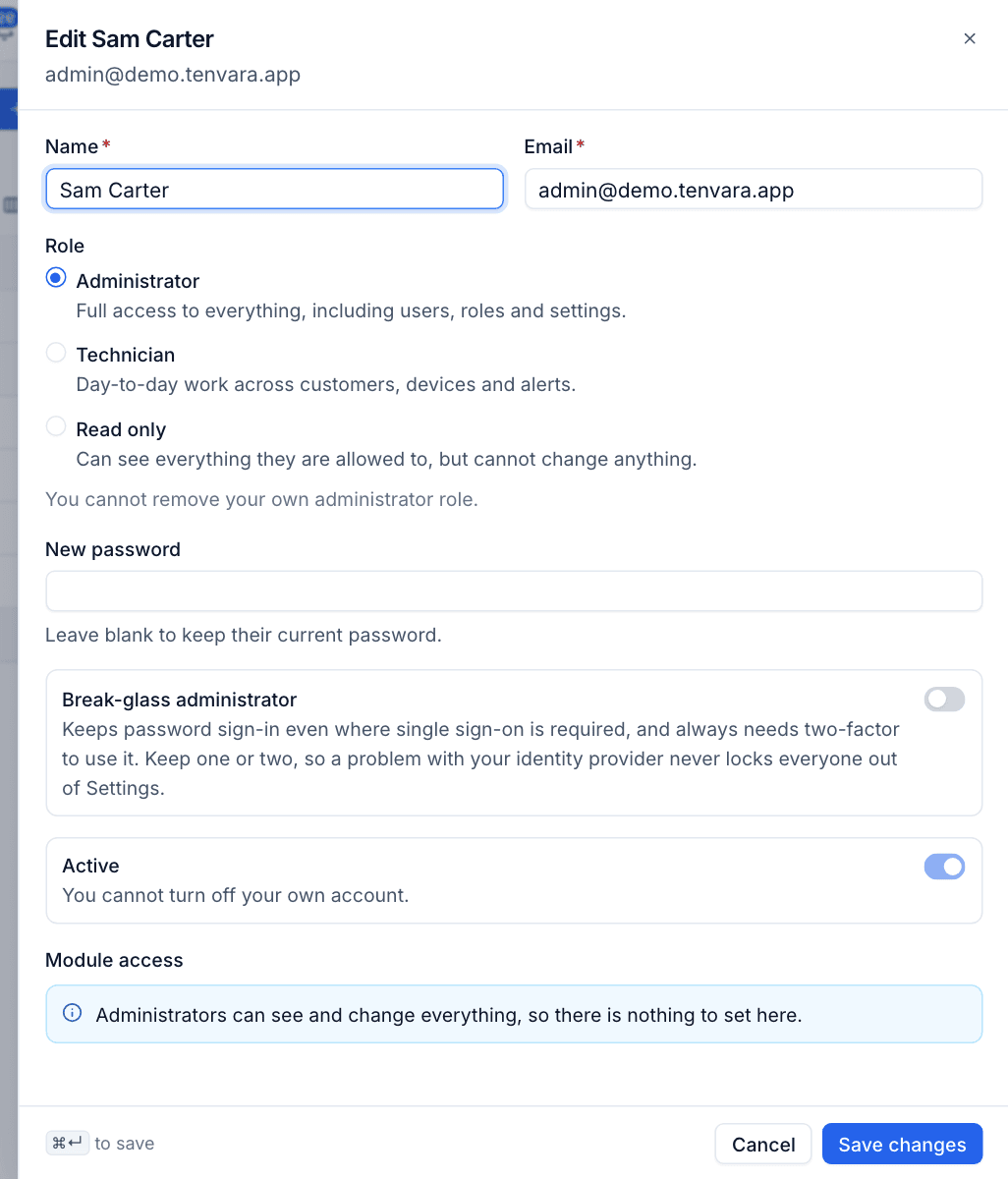 Editing an administrator, with the Break-glass administrator switch
