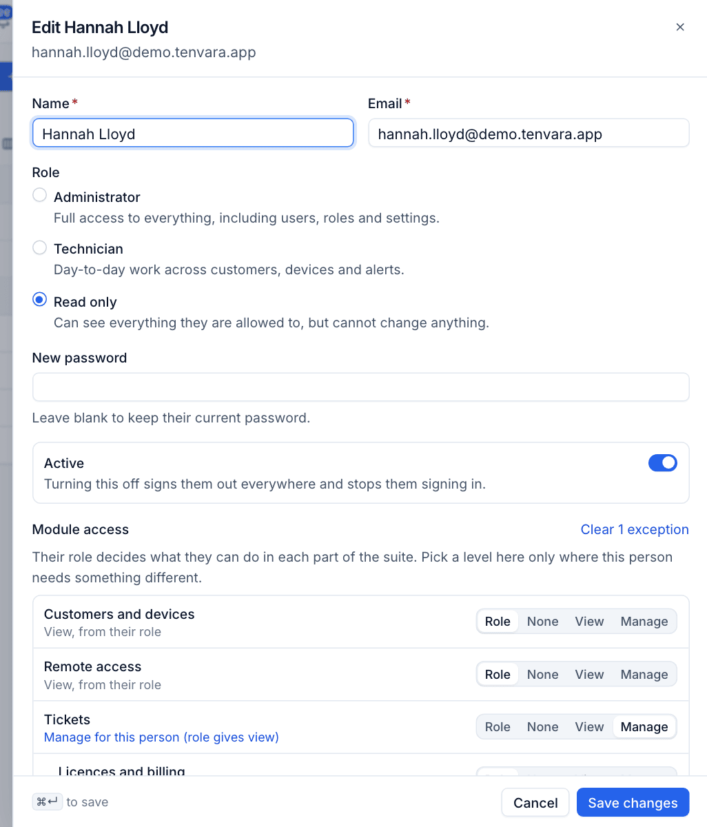 A read only user with an exception giving Manage on Tickets