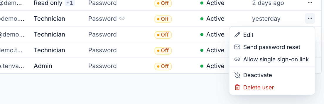 The user row menu