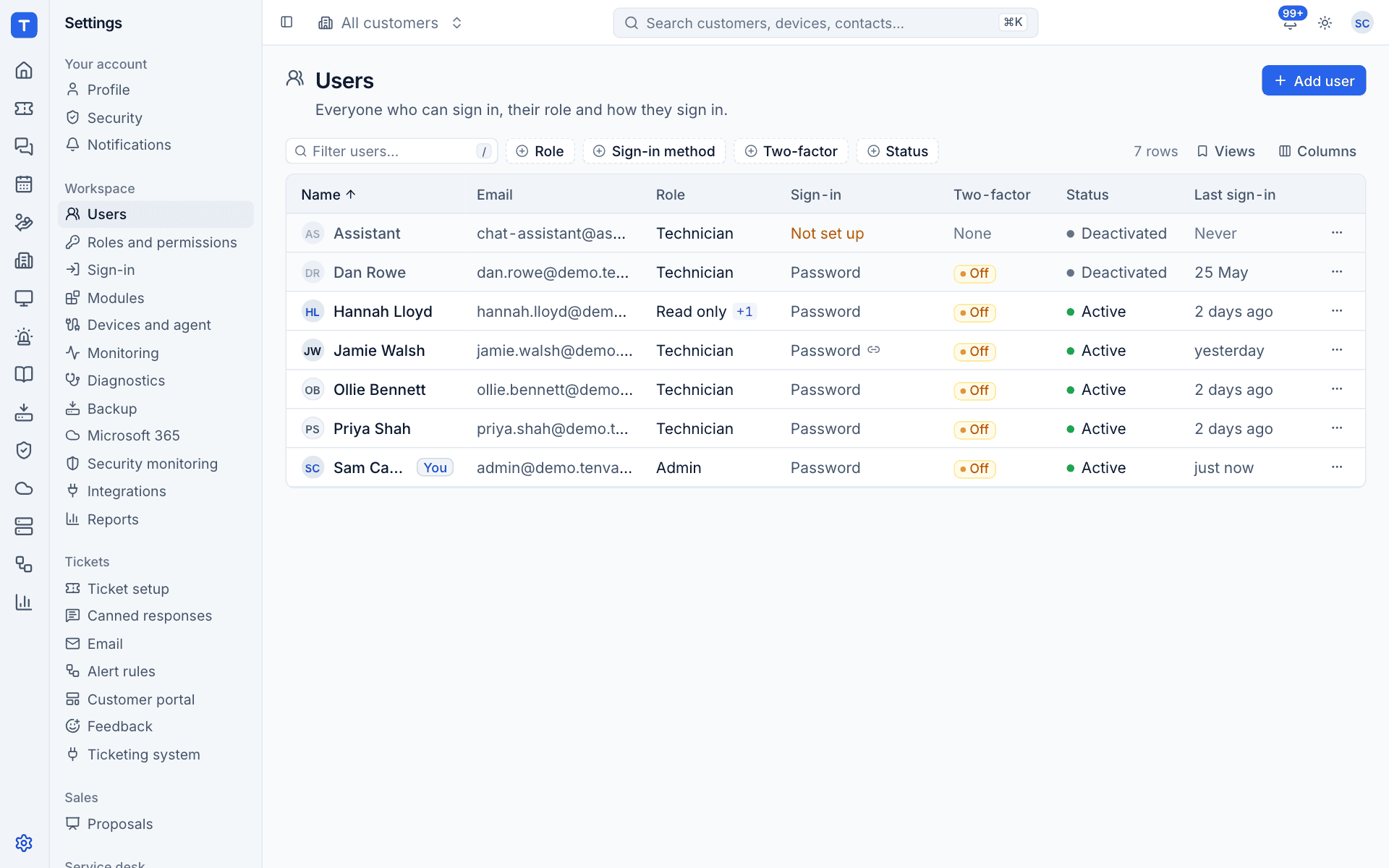 The Users list with role, sign-in method, two-factor, status and last sign-in