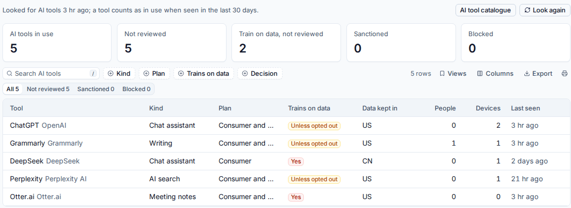 Other AI tools with the tools in use, whether they train on data and where data is kept