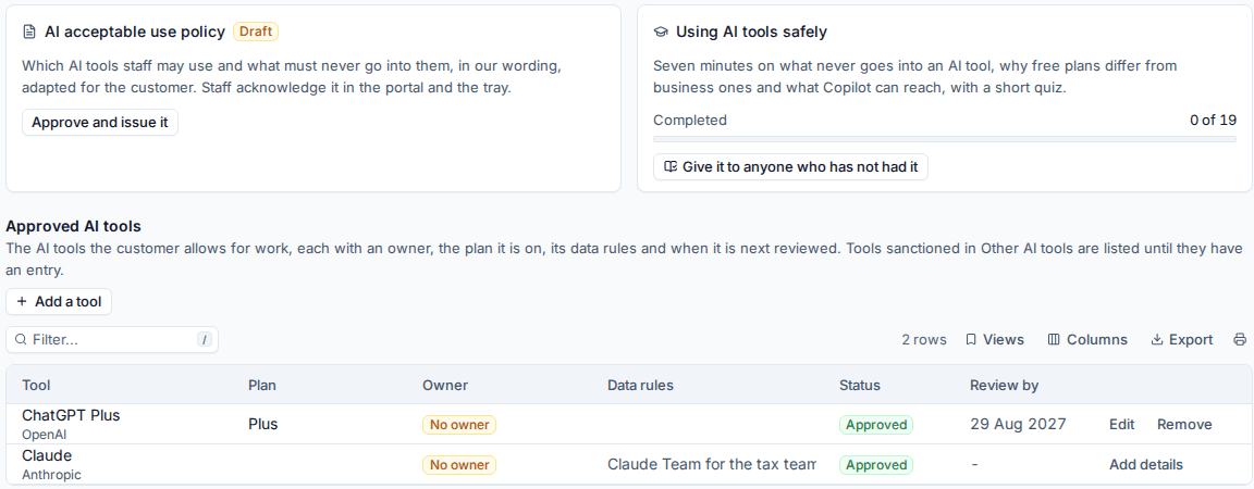 People and policy with the AI acceptable use policy, the awareness lesson and the approved AI tools register
