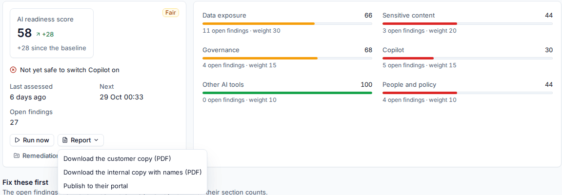 The Report menu with the customer copy, the internal copy and Publish to their portal