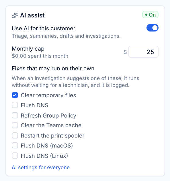 The AI assist card on a customer's overview
