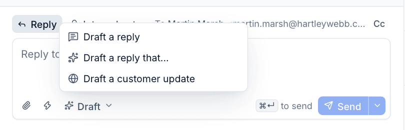 The Draft menu in the ticket composer