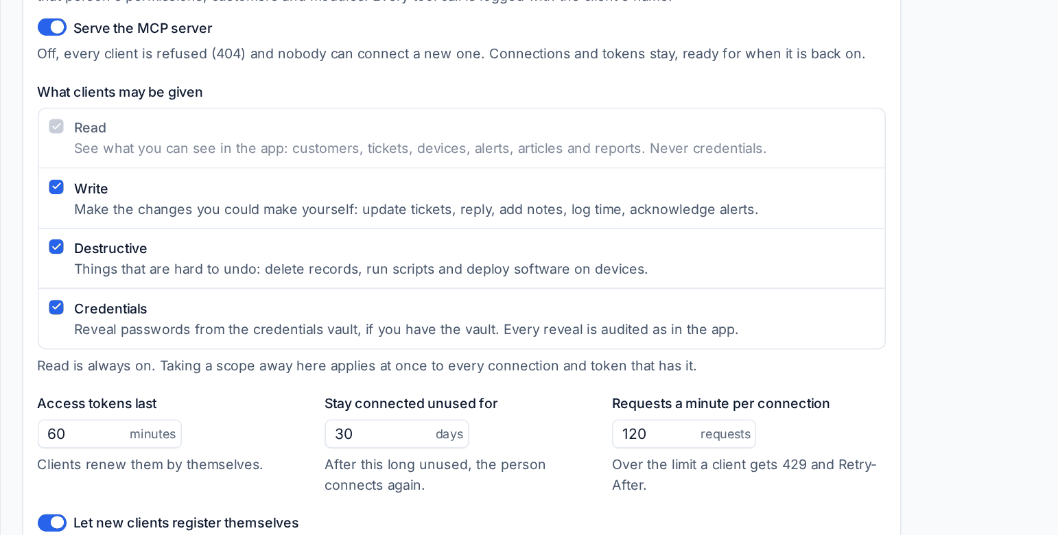 The MCP server settings with the scopes clients may be given