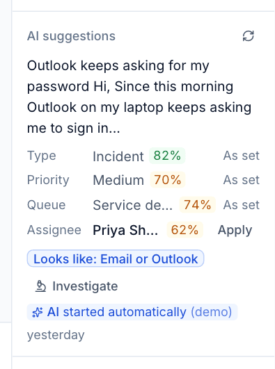 AI suggestions on a ticket with confidence for each field