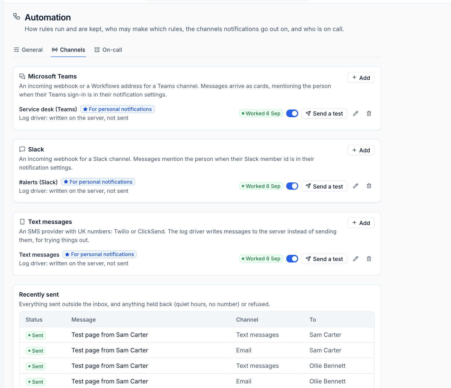 Teams, Slack and text message channels, and what was recently sent