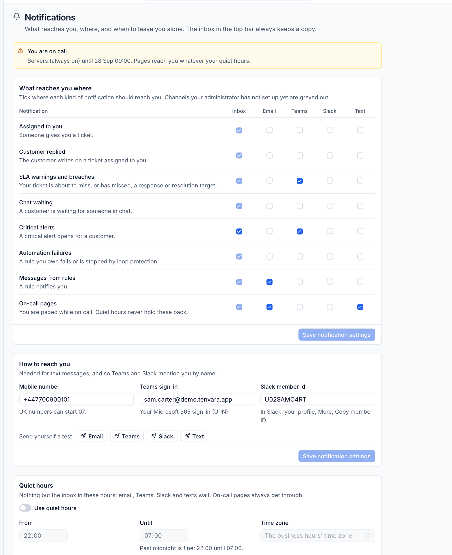 Personal notification settings