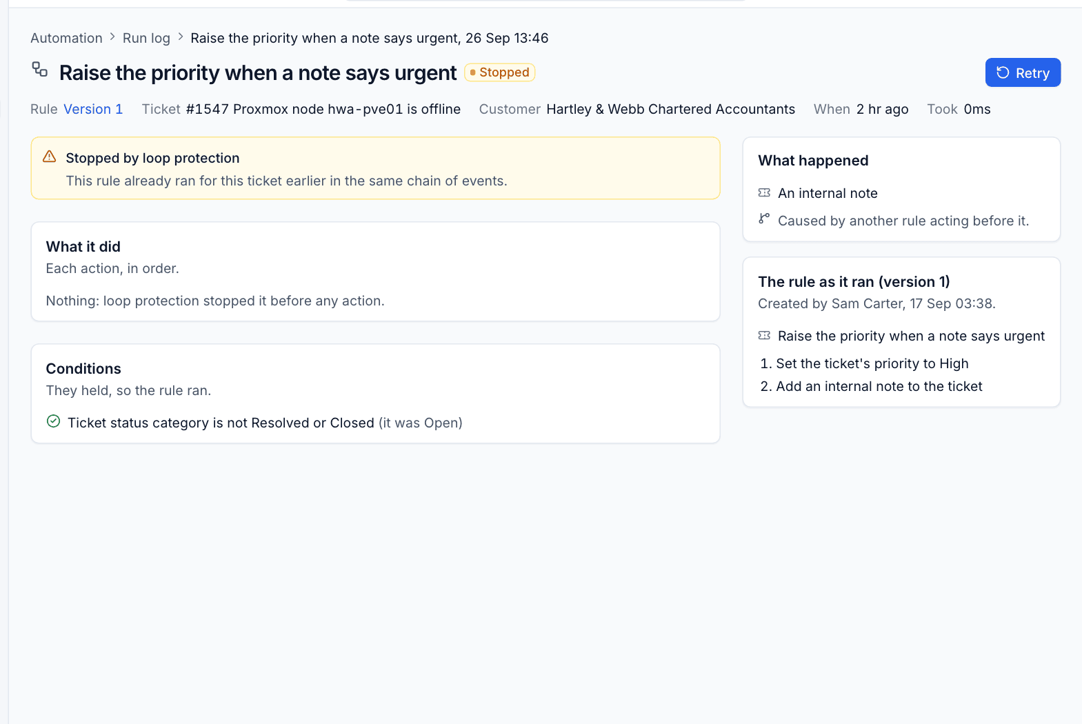 A run stopped by loop protection