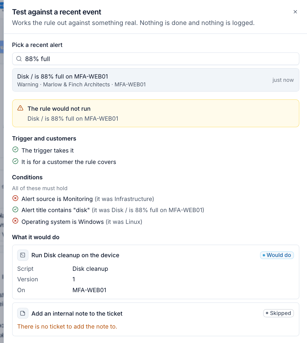 Testing a rule against a recent alert