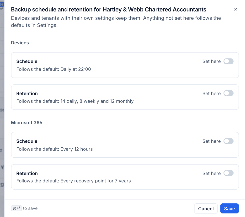 Backup schedule and retention for one customer