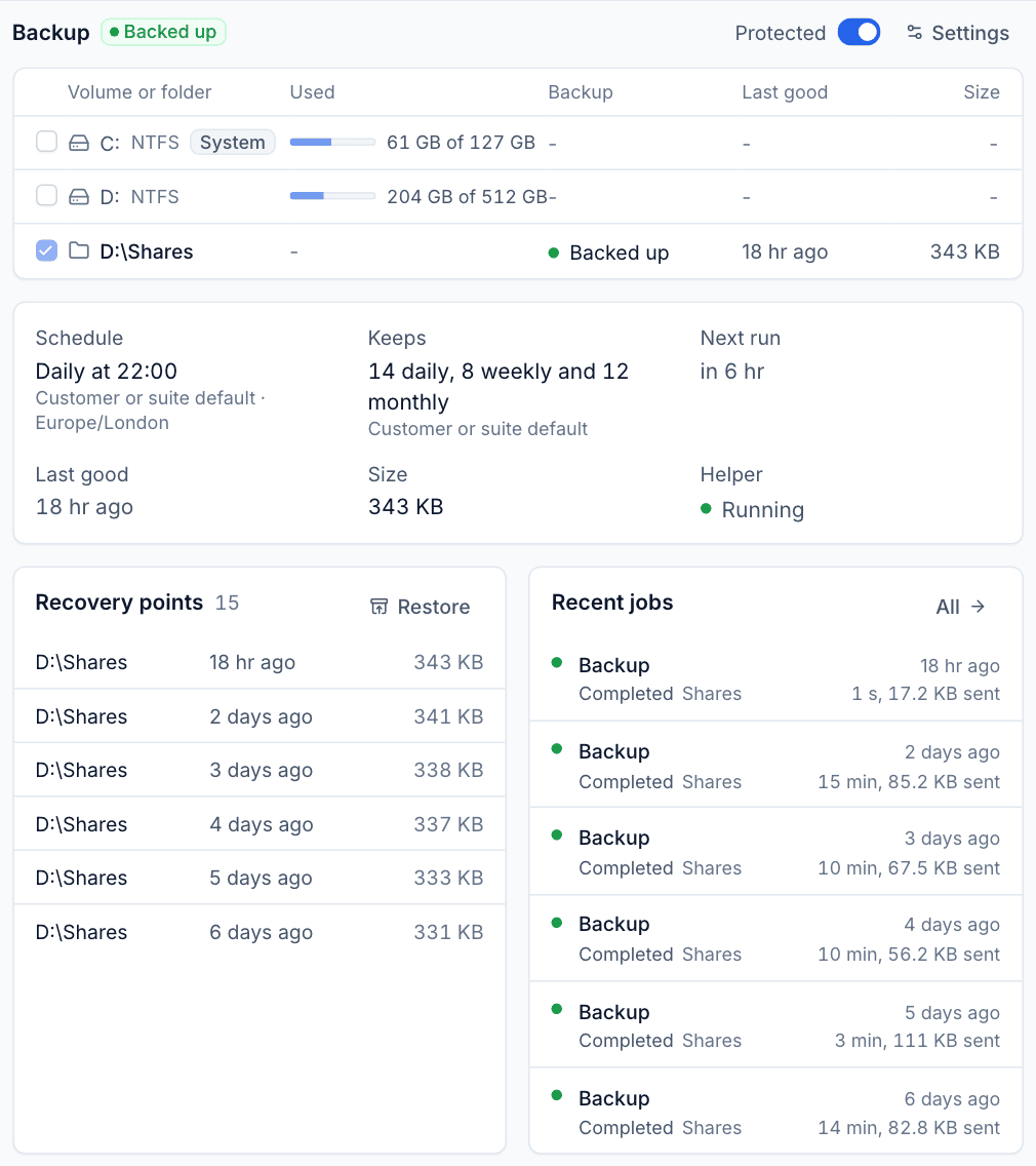 The Backup section of a protected device with its units, schedule, recovery points and jobs