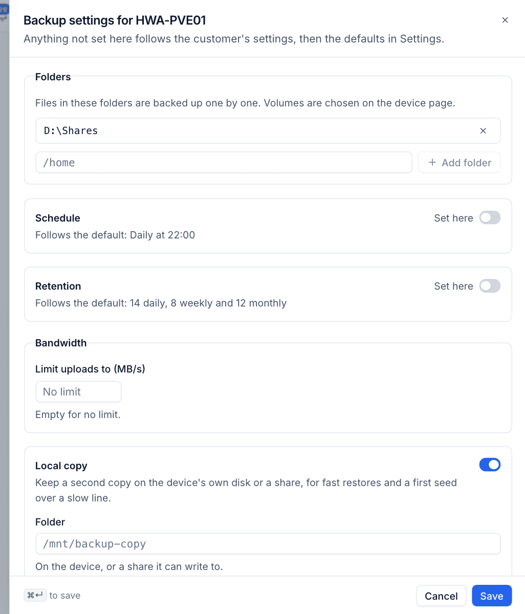 Backup settings for one device, with folders, schedule, retention, bandwidth and a local copy