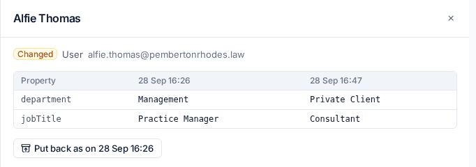 One user's changed properties, ready to put back