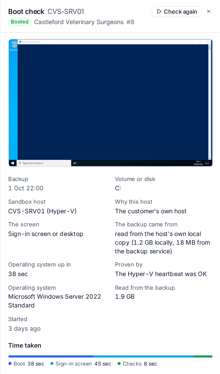 A boot check on the customer's own Hyper-V host, read from the host's own local copy