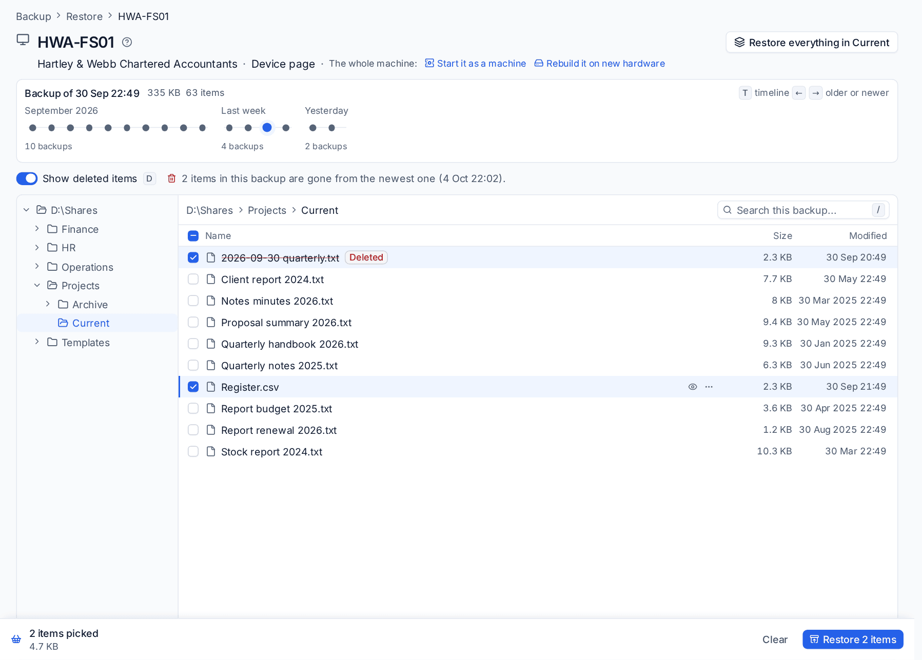 Browsing a device's backup with the timeline, deleted items shown and two items in the basket