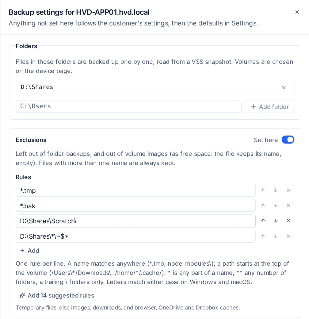A device's backup settings with exclusion rules and a script before the backup