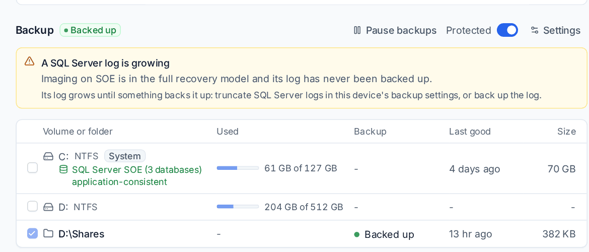 A server's Backup section with an application-consistent C: and a SQL Server log warning