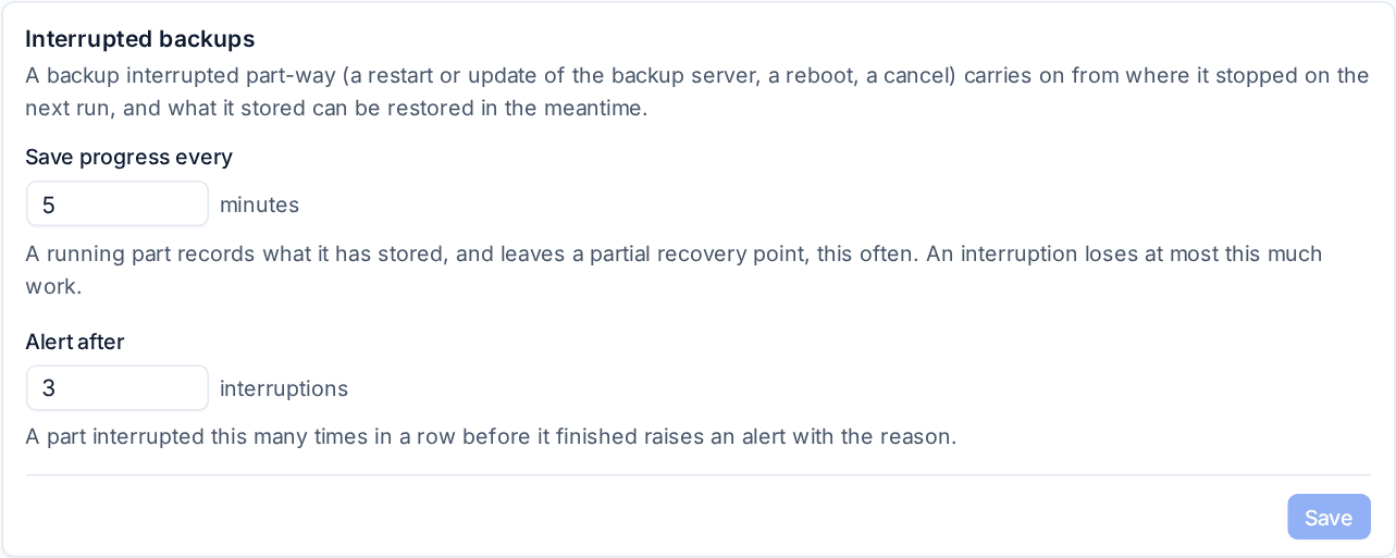 The Interrupted backups settings