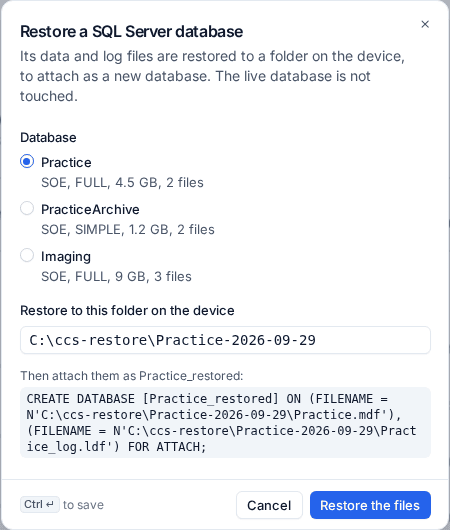 Restoring a SQL Server database's files to a folder
