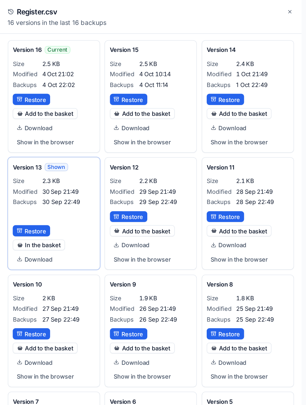 Every version of a file, each with Restore, Add to the basket and Download