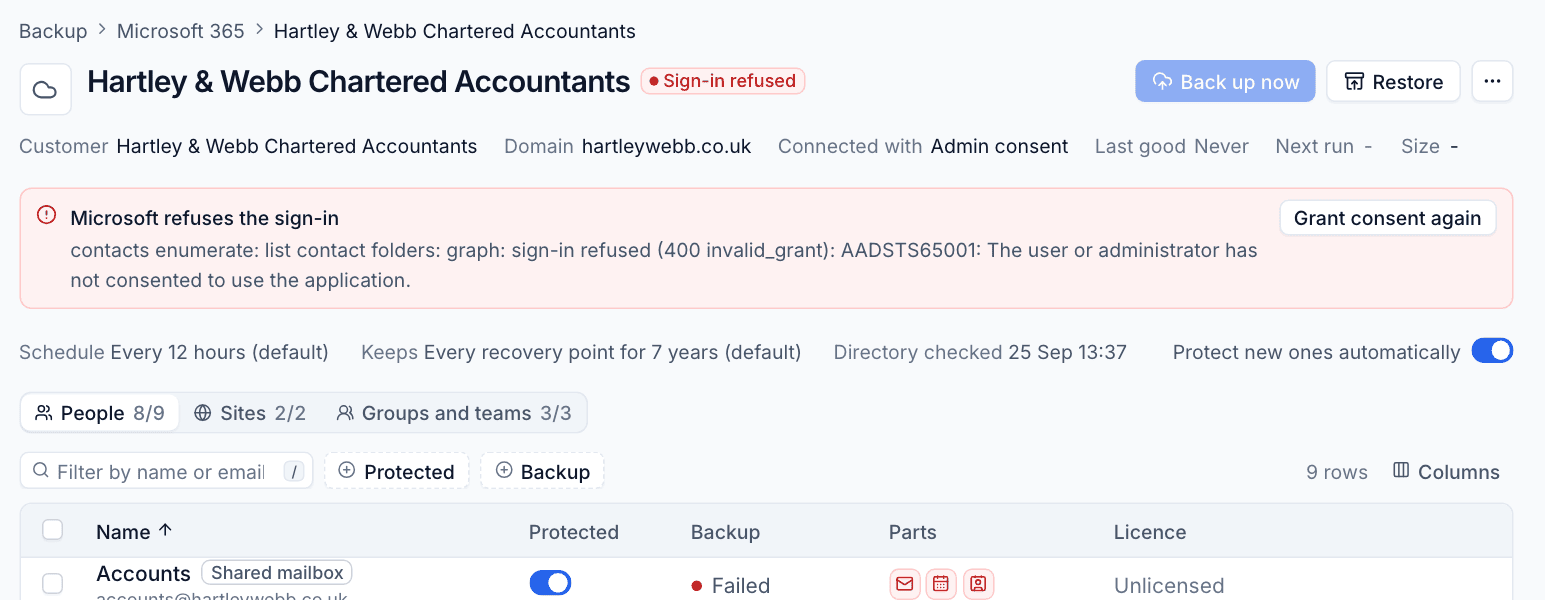A tenant whose sign-in Microsoft refuses, with Grant consent again