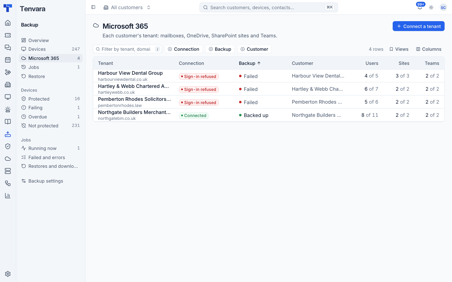 The Microsoft 365 tenants list with connection and backup state