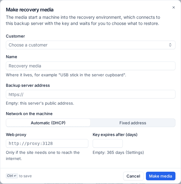 Making recovery media for a customer