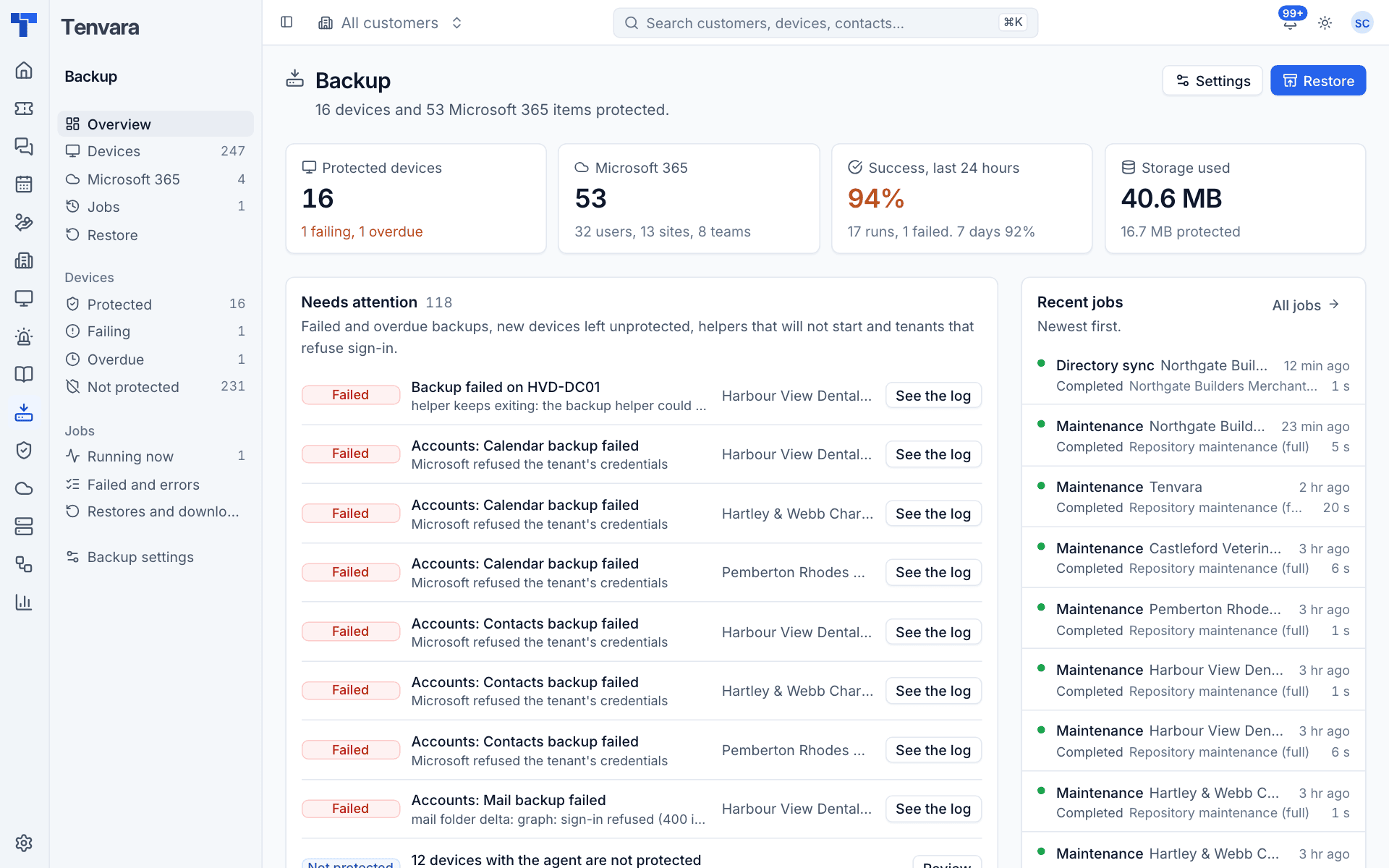 The Backup overview with protected devices, Microsoft 365, success rate and storage