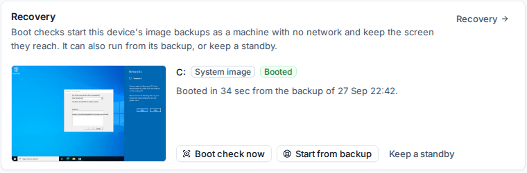 The Recovery card on a device page with its last boot check