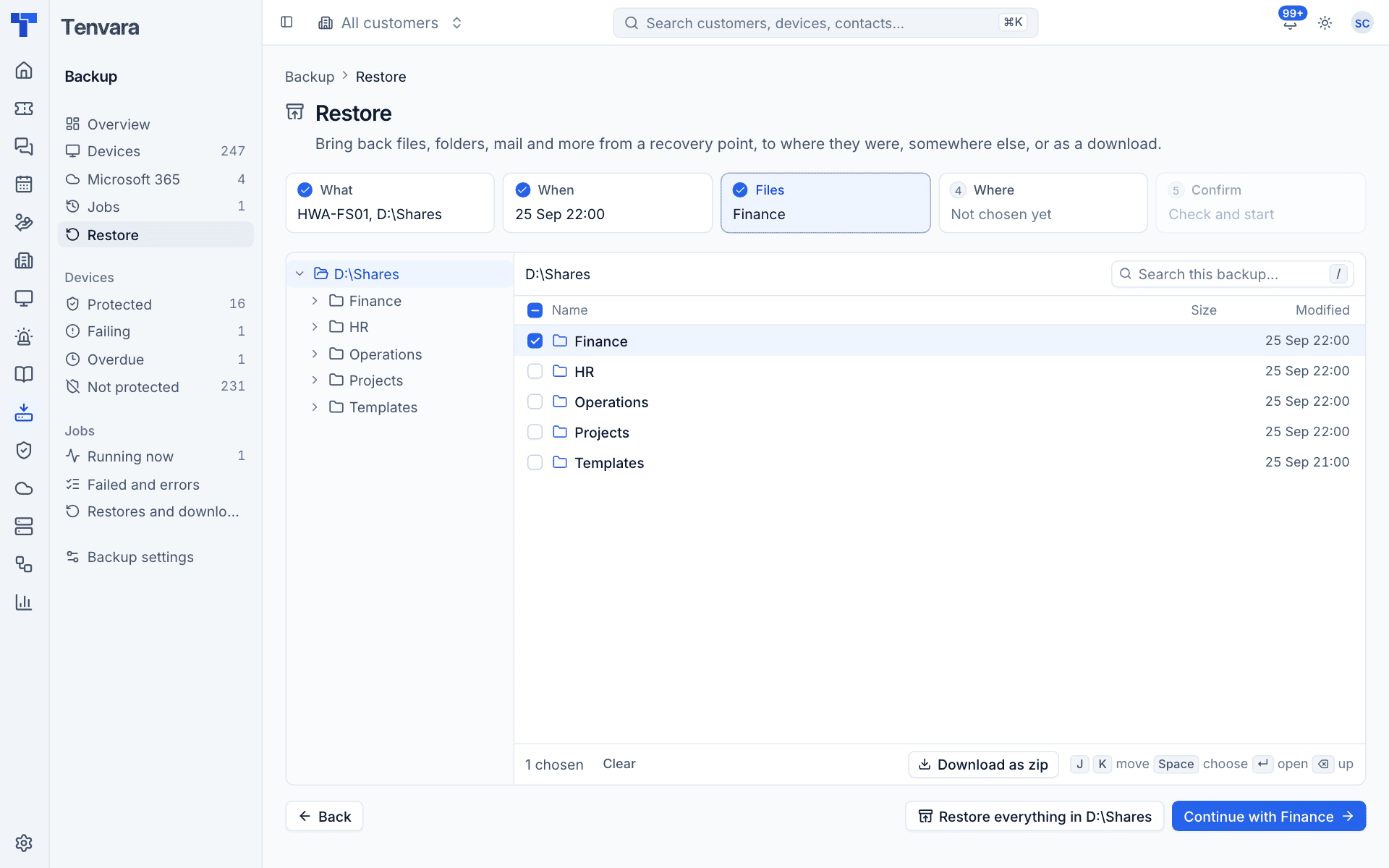 Choosing files and folders to restore