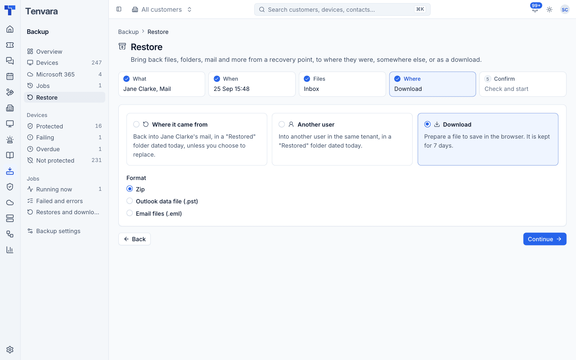 Downloading mail as a zip, PST or EML