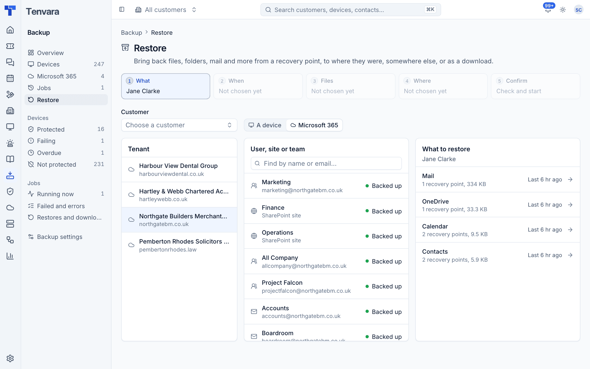 Choosing a user and the part to restore