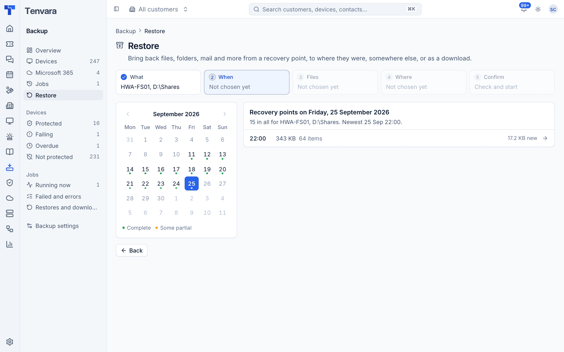 Choosing a recovery point on the calendar