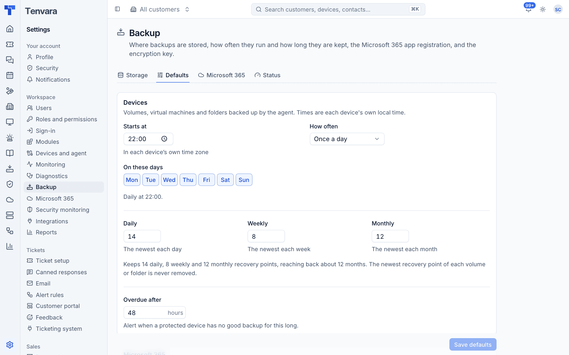 The Defaults tab with the device schedule and retention
